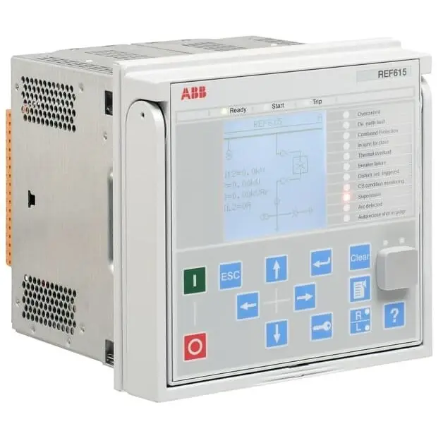 ABB REF615 feeder protection relay in a withdrawable panel chassis